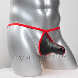 Men Long Pouch Tanga Underwear Leather Like T-Back Male Micro String Thong - Picture 1 of 4