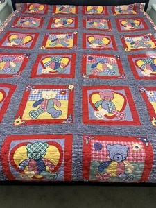 Vintage Handmade Teddy Bear Hearts 80s 90s Gingham Quilt Double Bed DB Bedspread - Picture 1 of 14