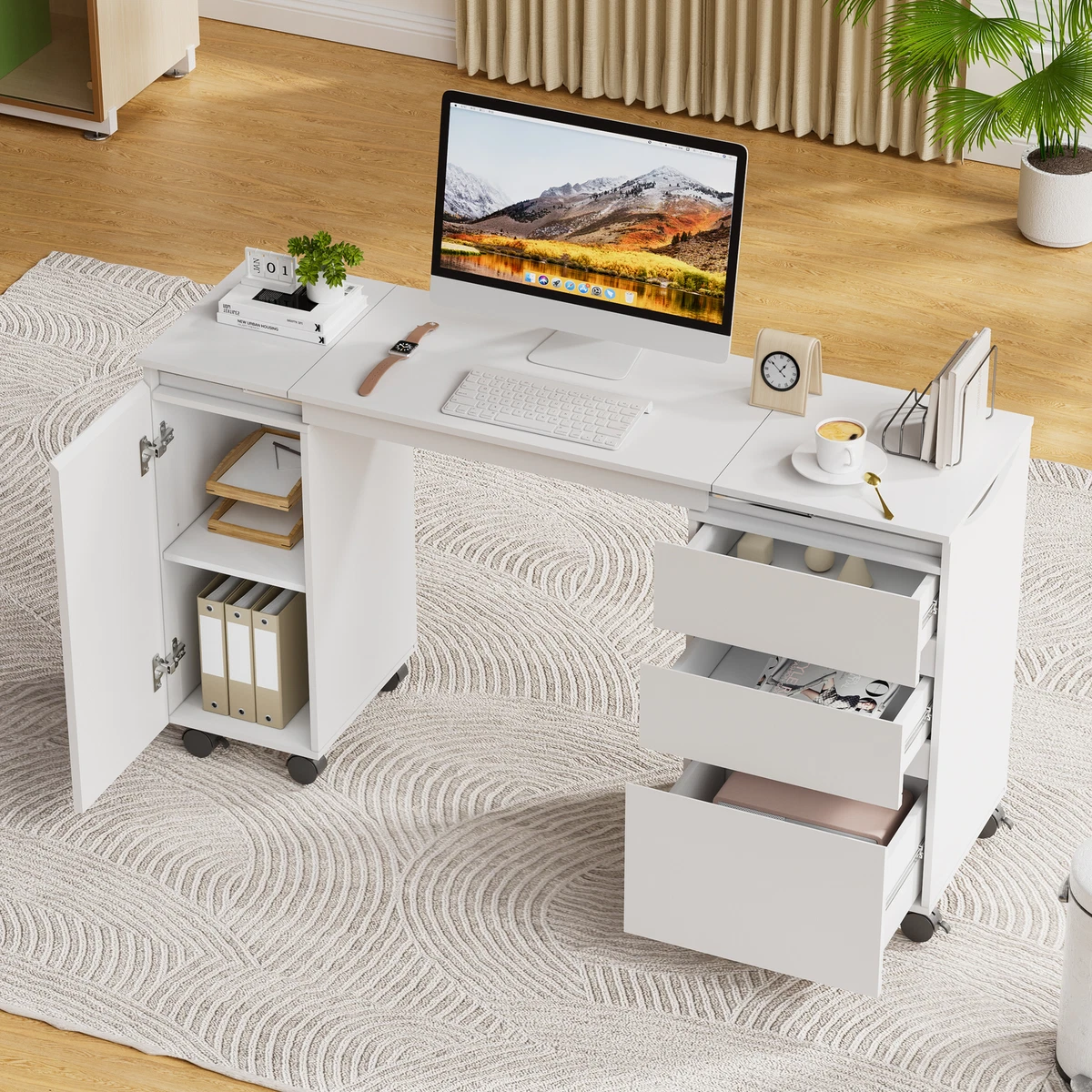Klappbarer Computertisch Mit Rädern & Schubladen – Braun, 105x50 Cm, Platzsparend Fürs Homeoffice