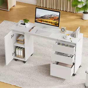 Schreibtisch mit Schubladen,Ausziehbarer Schreibtisch mit Rollen Computertisch - Bild 1 von 9
