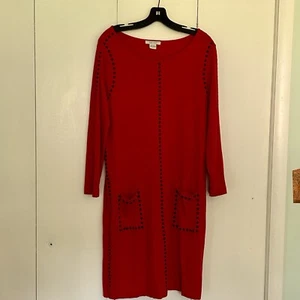 Joan Vass Cotton Knee Length Long Sleeve Stretchy Red Dress Studs Pockets Sz 12 - Picture 1 of 19