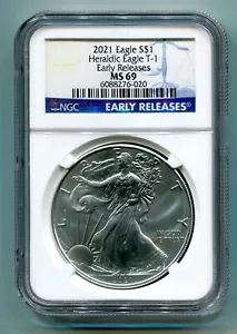 2021 SILVER EAGLE HERALDIC EAGLE T-1 NGC MS69 CLASSIC EARLY RELEASES AS SHOWN PQ - Picture 1 of 2
