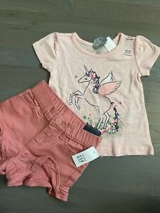 NWT Baby Gap girl pink coral unicorn SUMMER 2-piece ruffle shorts SET 12 18 3 3T