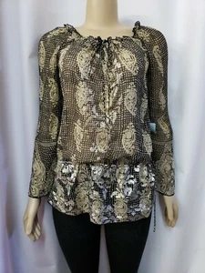 HALE BOB CABANA Beige Black Metallic silver Silk Women's Tunic sz XS  NEW #C - Picture 1 of 10