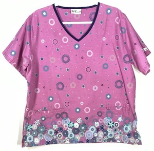 Scrub Top womens size L Large by UA Scrubs circles flowers dots purple blue - Picture 1 of 3