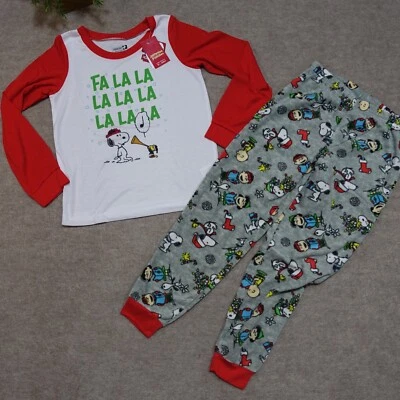 女童睡眠套装 12 码花生史努比印花长袖衬衫抓绒慢跑裤 — 第 1/4 张图片