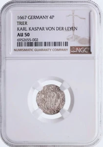 S-DS2 Germany 4 Pfennig 1652-1673 Karl Kasper Von Der Leyen NGC AU50 Silver Coin - Picture 1 of 3