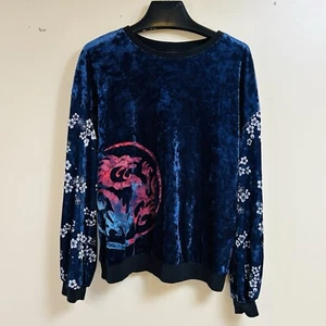 Disney Princess Mulan Velvet Shirt Dragon Cherry Blossom Blue Womens Sz L EUC** - Picture 1 of 9
