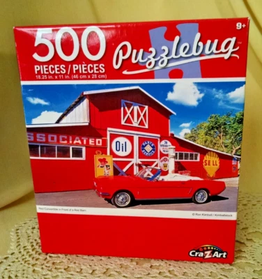 FORD MUSTANG PUZZLE RED CONVERTIBLE FRONT OF RED BARN NEW 2018 500 PC PUZZLEBUG. - Image 1 of 4