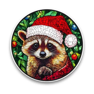 Raccoon Santa Hat Xmas Stained Glass Window Opaque Vinyl Sticker Decal 100mm - Bild 1 von 1