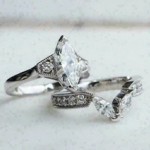 Marquise & Round Cut CZ Wedding Ring Set, Engagement Ring Set, Bridal Ring Set - Imagen 1 de 8