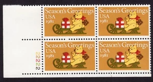 Scott #1940 Teddy Bear on Sleigh Plate Block of 4 Stamps - MNH P#22222 LL - Picture 1 of 1