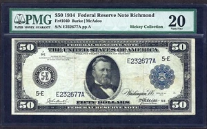 🇺🇸1914 $50 FRN FR-1040 "RICHMOND" ♚♚Burke&McAdoo♚♚ PMG VF 20 69 KNOWN, RARE! - Picture 1 of 2