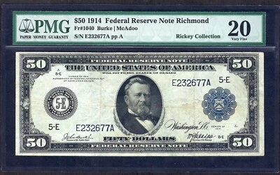🇺🇸1914 $50 FRN FR-1040 "RICHMOND" ♚♚Burke&McAdoo♚♚ PMG VF 20   69 KNOWN, RARE! - Image 1 of 2