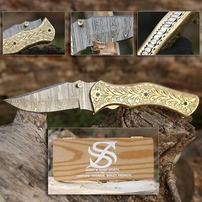Custom Handmade Damascus Steel Folding/Pocket Knife with Woden Box. SS-17513 - Image 1 of 4