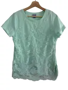 Laura Scott Womens Mint Green Short Sleeve Lace Overlay Top M/M NWTS - Picture 1 of 6