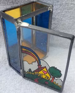 Vtg Stained Yellow Blue Glass Jewelry Trinket Box Rainbow Heart House Home Image - Picture 1 of 12
