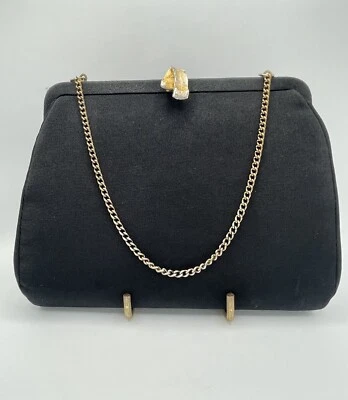 Cartera de Noche Almirante Negra De Colección con Hermoso Cierre de Dos Tonos y Cadena Dorada Foto 1 de 4