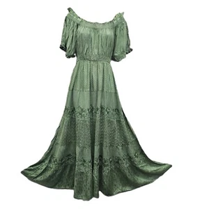 Boho Off-Shoulder Maxi Dress Embroidery Stonewash Elastic Waist 16 18 20 22 - Picture 1 of 10