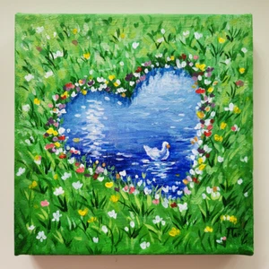 Pintura original sobre lienzo Pato en el corazón estanque flores jardín 6x6 pulgadas - Imagen 1 de 5