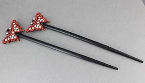 Red set of 2 butterfly hair chop sticks wood picks pins print 7 1/8" long - Picture 1 of 5