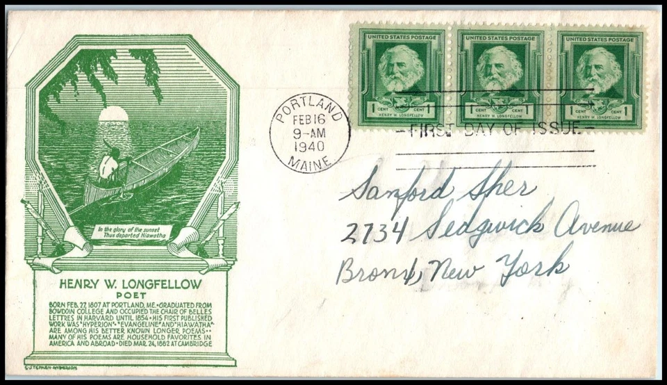 1940 HenryW.  Longfellow poet Sc 864 FDC with C. Stephen Anderson cachet (06 - Image 1 of 1