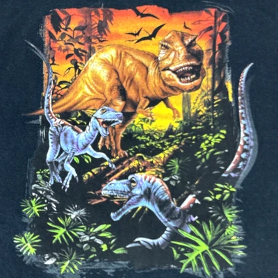 Y2K Dinosaur Youth Small Boys T Shirt Vintage T Rex Raptors Nature Cotton Black - Image 1 of 4