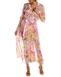 ROCOCO SAND Leona Pink Floral Metallic Striped Chiffon Maxi Shirt Dress, Size XS - Bild 1 von 15