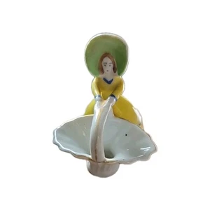 Vintage Porcelain Green Girl Bonnet Basket Toothpick Trinket Holder Used - Picture 1 of 6