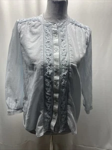 Lucky Brand Women’s Large Blue Sheer Flower Appliqué Button Down Collarless Top - Picture 1 of 12