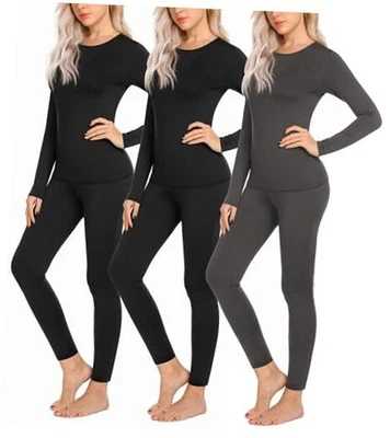  3 件套保暖内衣女式长约翰裤大号黑色/黑色/灰色 — 第 1/4 张图片