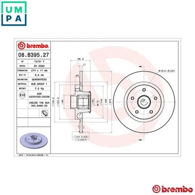 2x BRAKE DISC 08.B395.27 FOR RENAULT KANGOO/Rapid/Express/GRAND/BE/BOP 1.5L 4cyl - Image 1 of 4
