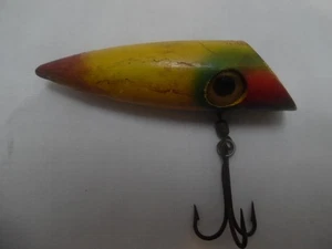 VINTAGE WOOD FISHING LURE WITH GLASS EYES-3 1/4 INCHES-0.4 OZ. -SINGLE HOOK - Picture 1 of 6