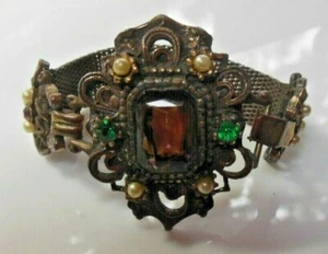 Antique Victorian Mesh Gold-tone Amethyst, Green Rhinestone Faux Pearl Bracelet - Picture 1 of 8
