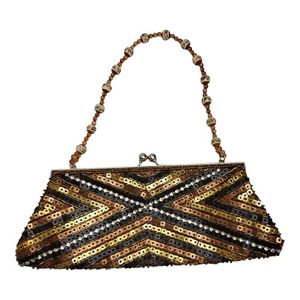 Vintage Rhinestones Sequins Beaded Clutch Evening Purse Copper Brown Gold Black - Picture 1 of 5