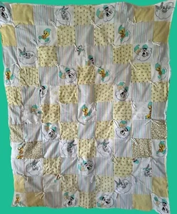 Vintage Handmade Baby Quilt Patchwork Blanket Tweety Bugs Bunny Sylvester 42x33 - Picture 1 of 9