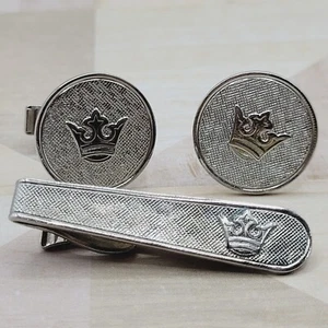 CROWN Silver Tone Textured Polished Silver Tone Cufflinks & Tie Clip Clasp SET - Picture 1 of 9