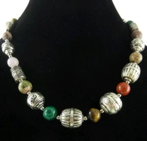 18" Vintage Tibetan-Style Tribal Gemstone & Metal Bead Necklace Malachite - Picture 1 of 4