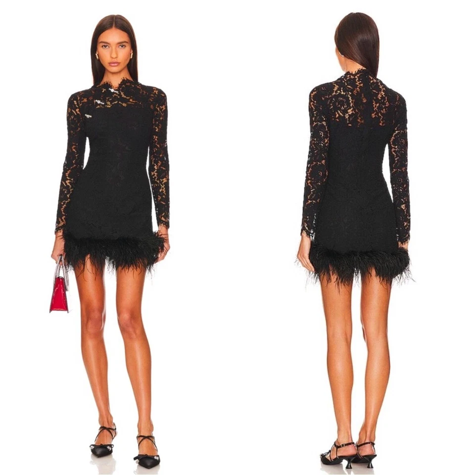 Mini Vestido Sau Lee Mara Encaje Pluma Dobladillo Manga Larga Adornado Negro Talla 0 Foto 1 de 4