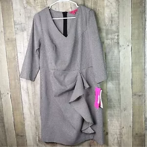 Betsey Johnson Size 14W Houndstooth V-Neck Dress 3/4 Sleeves and Side Ruching - Picture 1 of 13
