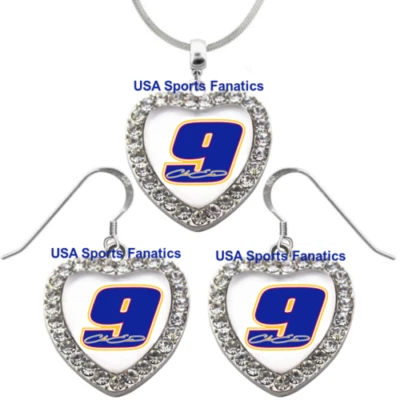 #9 Chase Elliott 925 Collar o Pendientes o Conjunto Equipo Corazón Con Estrás Foto 1 de 4