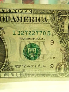 Federal Reserve 🎵 Series 1995 $1 Bank 🏦 Note # I 32722770D  👍 🆓 🪙 /Luck. - Picture 1 of 8