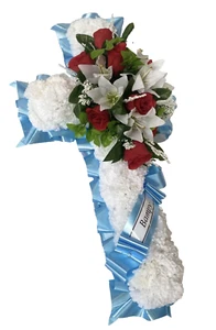 Cross Artificial Silk Funeral Flower Tribute Memorial Wreath Arrangement 24" Dad - Picture 1 of 8
