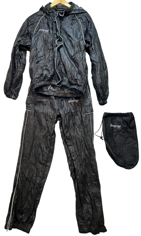 Frogg Togg Unisex Full Zip Button Hooded Jacket Pants Rainsuit Size M Black - Image 1 of 4
