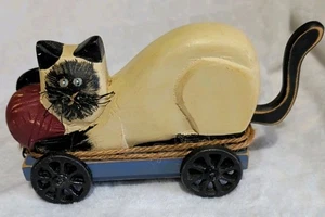 Primitive handbemalte siamesische Katze Zugspielzeug aus Holz mit beweglichem Schwanz - Bild 1 von 5