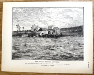 Impresión de pesca 1887 de desembarco de barcos de la industria del arenque ahumado - Imagen 1 de 11