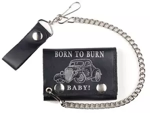 BORN TO BURN VINTAGE CAR TRIFOLD BIKER WALLET W CHAIN mens LEATHER #567 NEW - Picture 1 of 1