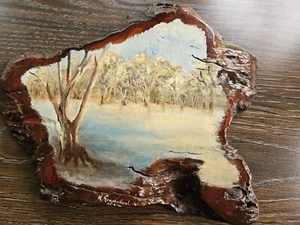 Australia Landscape Painting on Wood Bark Signed 30cm x 27cm - Picture 1 of 5