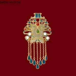 New Inlaid Enamel Porcelain Natural Jade Pearl Tassel Brooch Silver Jewelry - Picture 1 of 5