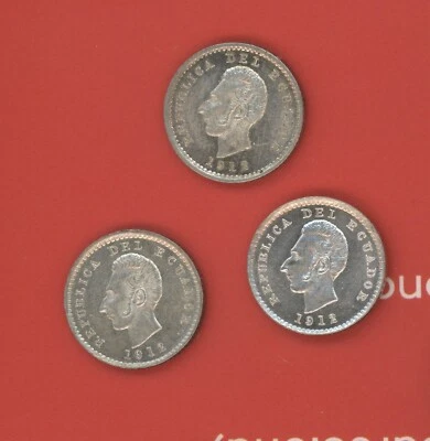 ECUADOR  1/2  DECIMO  1912 LIMA LOT OF 3 COINS KM 55.1  UNC. - Image 1 of 4